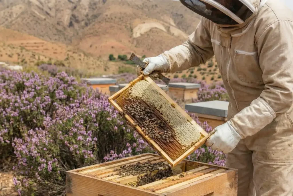 Un apiculteur inspecte un cadre de ruche en fleurs, garantissant la qualité et les bienfaits du miel de thym.