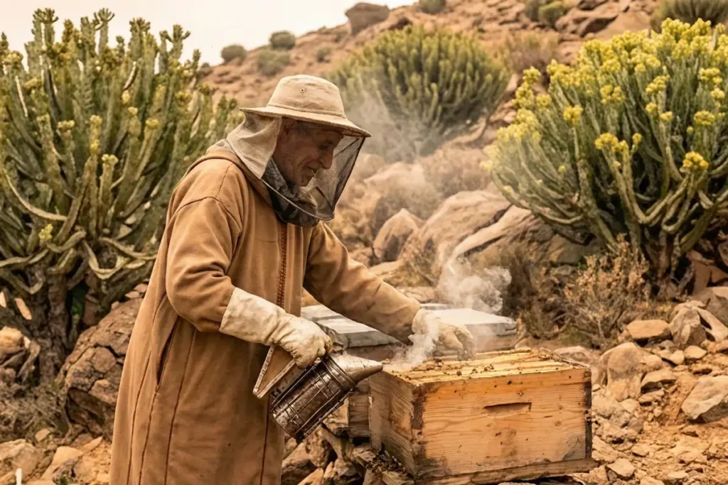 Apiculteur marocain travaillant des ruches entourées d’euphorbes, étape clé pour obtenir un miel d’euphorbe pur aux bienfaits appréciés.