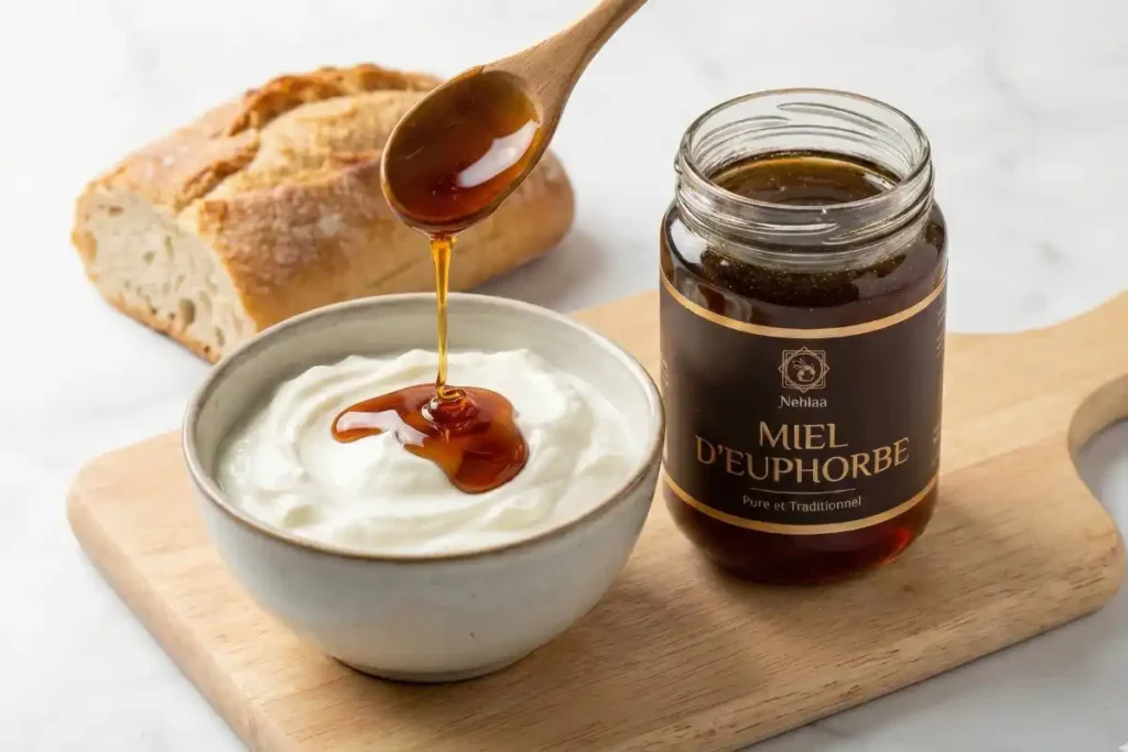 Cuillère de miel d’euphorbe versée sur un bol de yaourt, montrant une façon simple de profiter des bienfaits du miel d’euphorbe au quotidien.