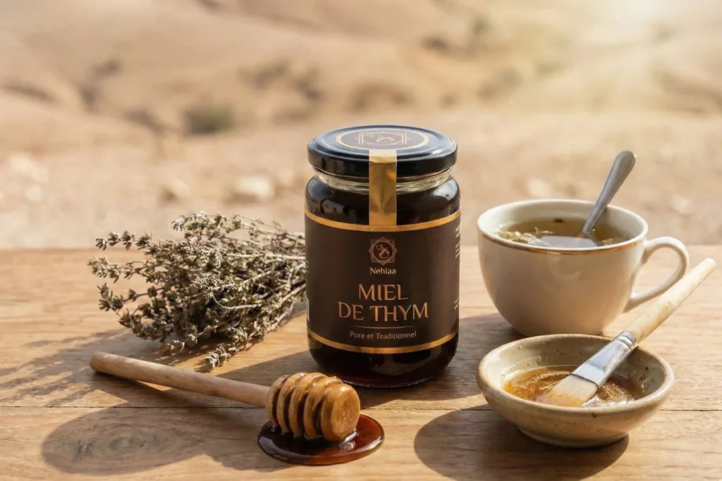 Pot de miel de thym Nehlaa avec tisane et thym, mettant en avant les bienfaits du miel de thym pour la santé et la digestion.