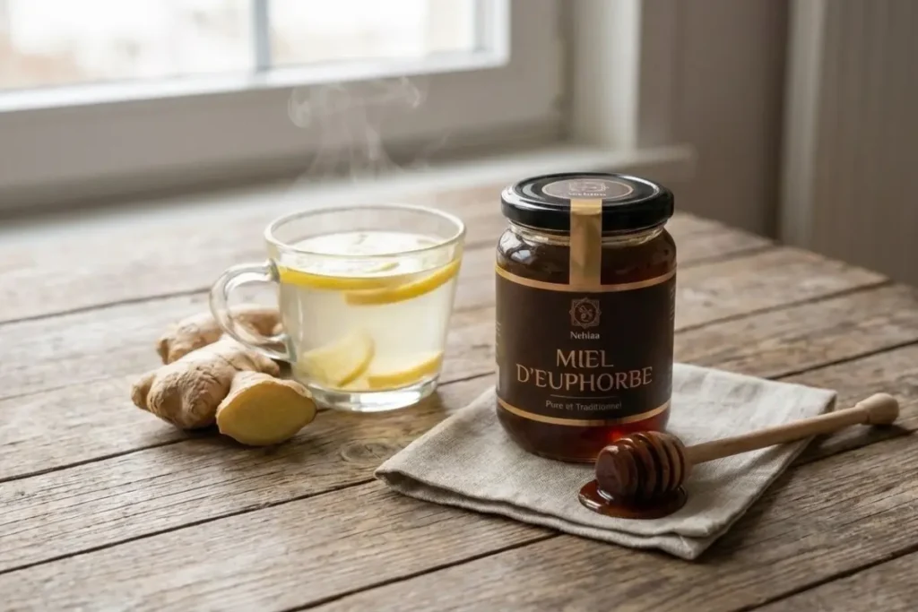 Tasse d’infusion citron gingembre avec pot de miel d’euphorbe Nehlaa, illustrant les bienfaits du miel d’euphorbe pour la gorge et la digestion.