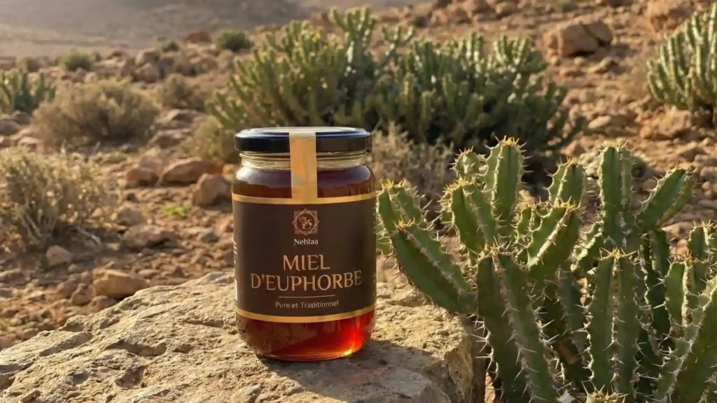 Pot de miel d’euphorbe Nehlaa posé sur un rocher au milieu des euphorbes de l’Anti-Atlas, symbolisant l’origine marocaine et les bienfaits du miel d’euphorbe.