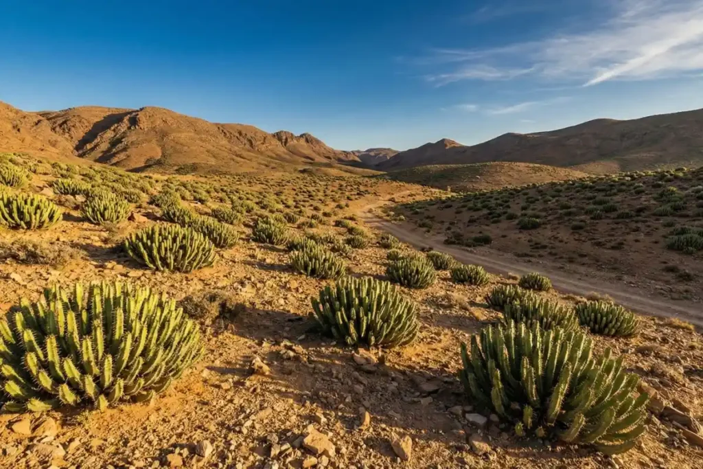 Paysage d’euphorbes dans l’Anti-Atlas marocain, environnement naturel à l’origine du miel d’euphorbe et de ses bienfaits.